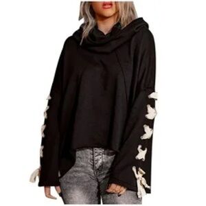 POL Boho Black Cowl Neck Sweater with Lace-Up Sleeves